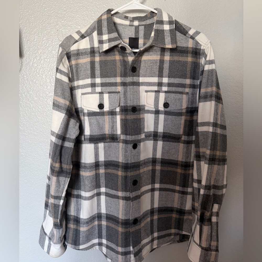 Gray and White Plaid Button-Up Shirt